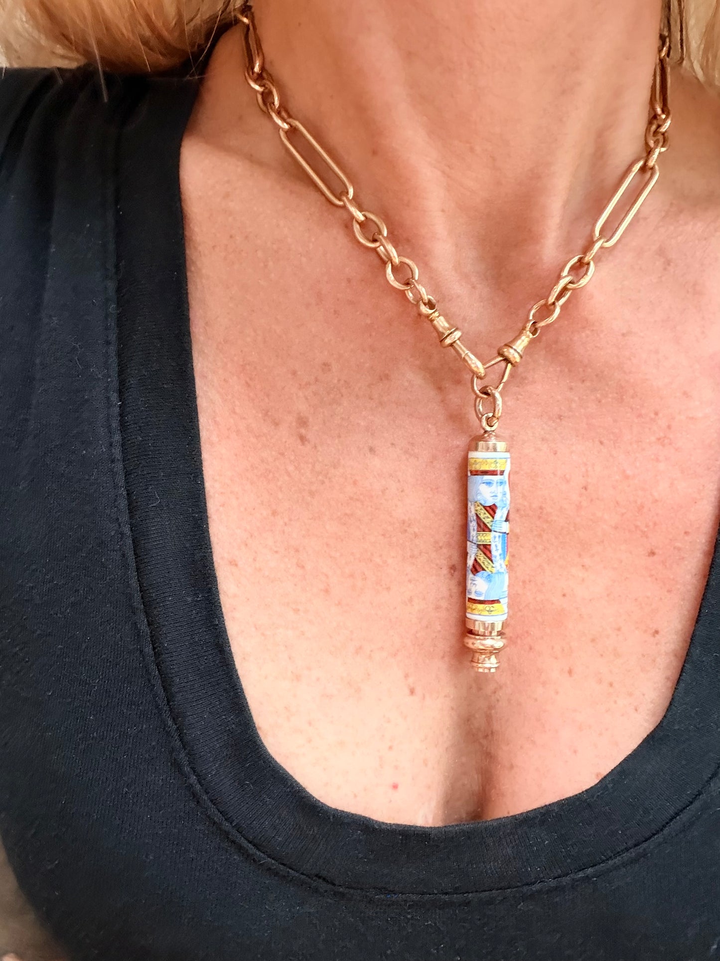 Mid-Century Gold & Enamel King of Hearts Pencil Pendant