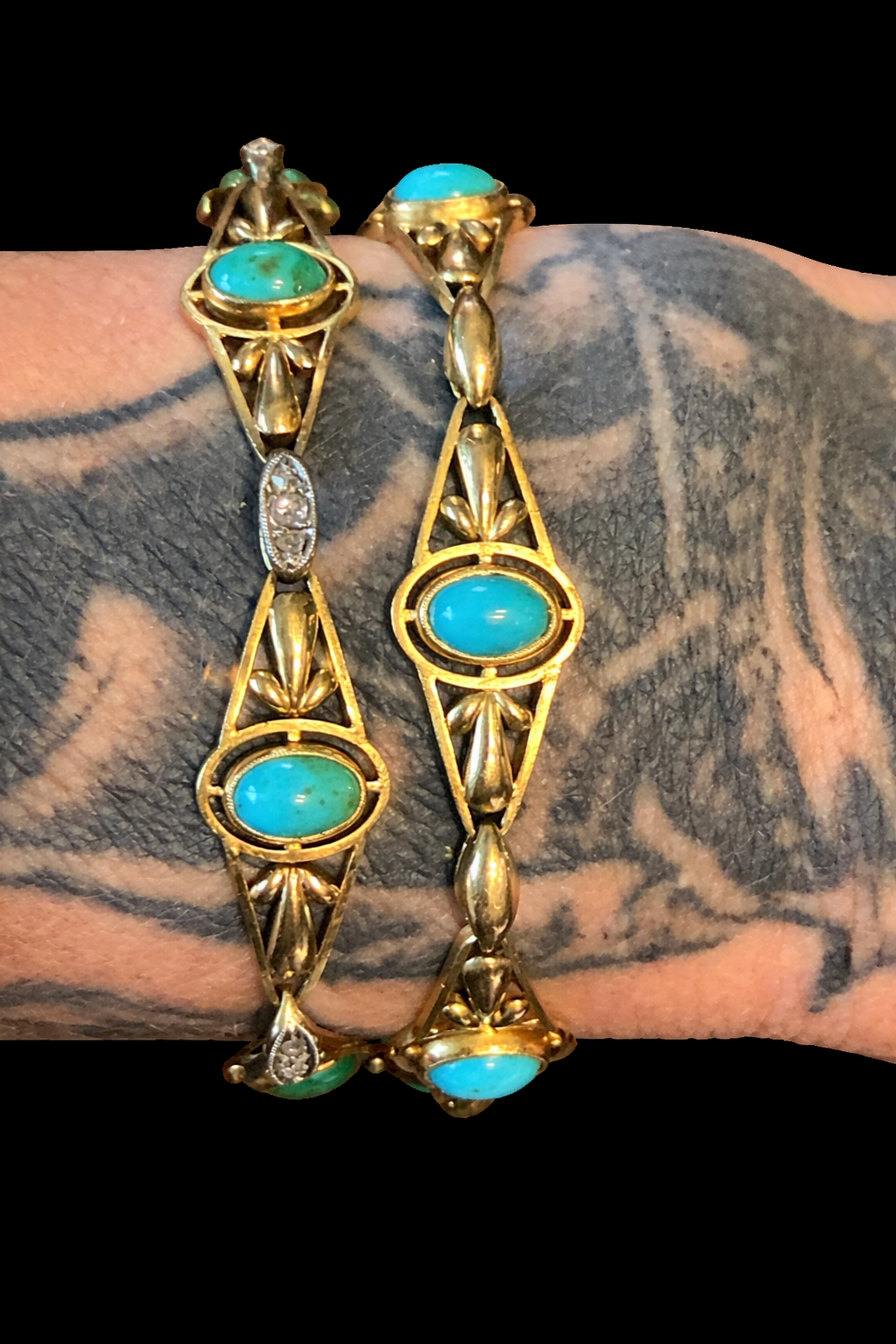 Antique French Art Nouveau Rose-Cut Diamond and Turquoise Necklace & Bracelet Set