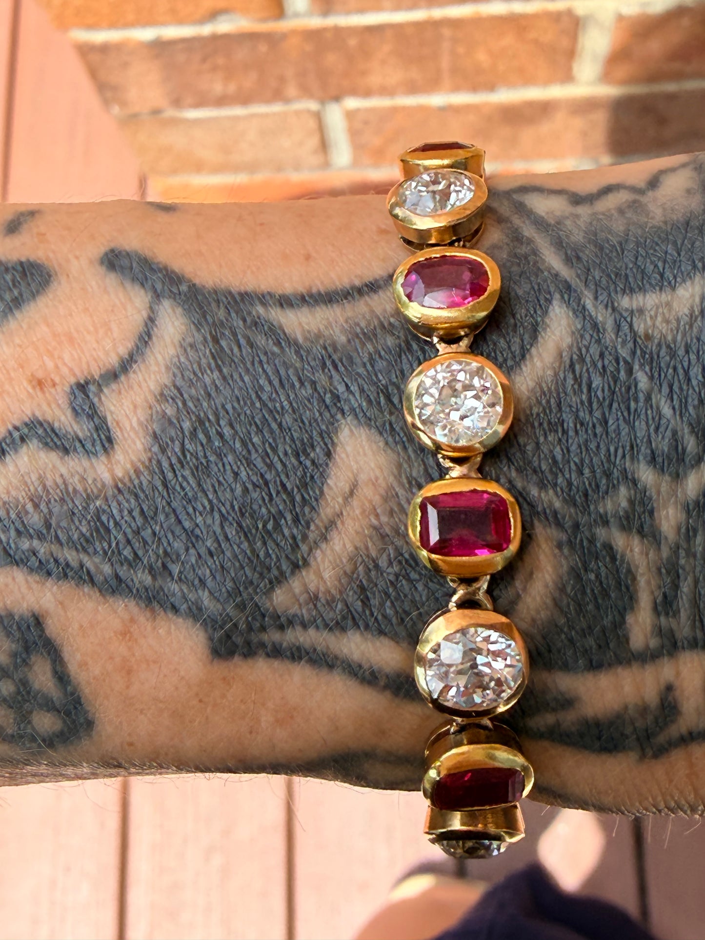 Antique Burmese No Heat Ruby and Old Cut Diamond Alternating Bracelet
