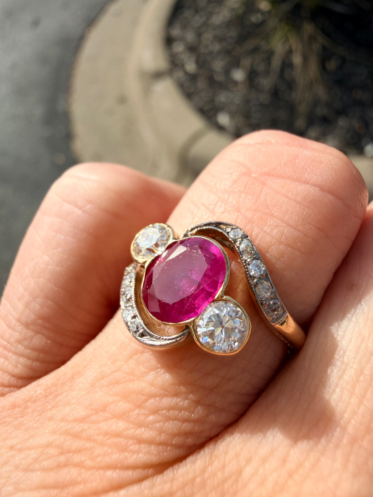 Edwardian Ruby and Diamond Three Stone Twist Ring