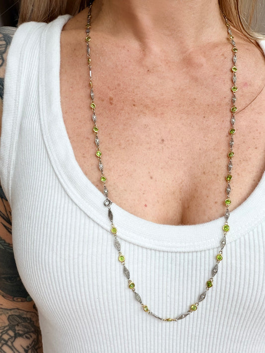 Vintage Demantoid Garnet and Diamond Station Link Necklace