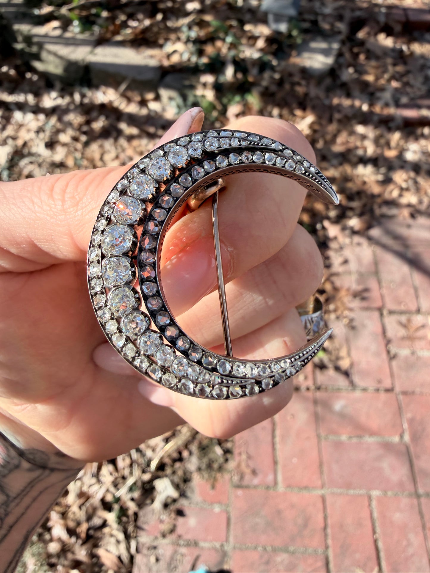 Victorian Old Cut Diamond Crescent Moon Brooch