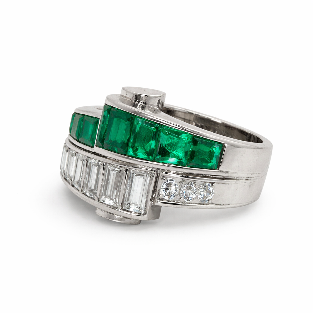 Vintage Emerald and Diamond Bypass Ring