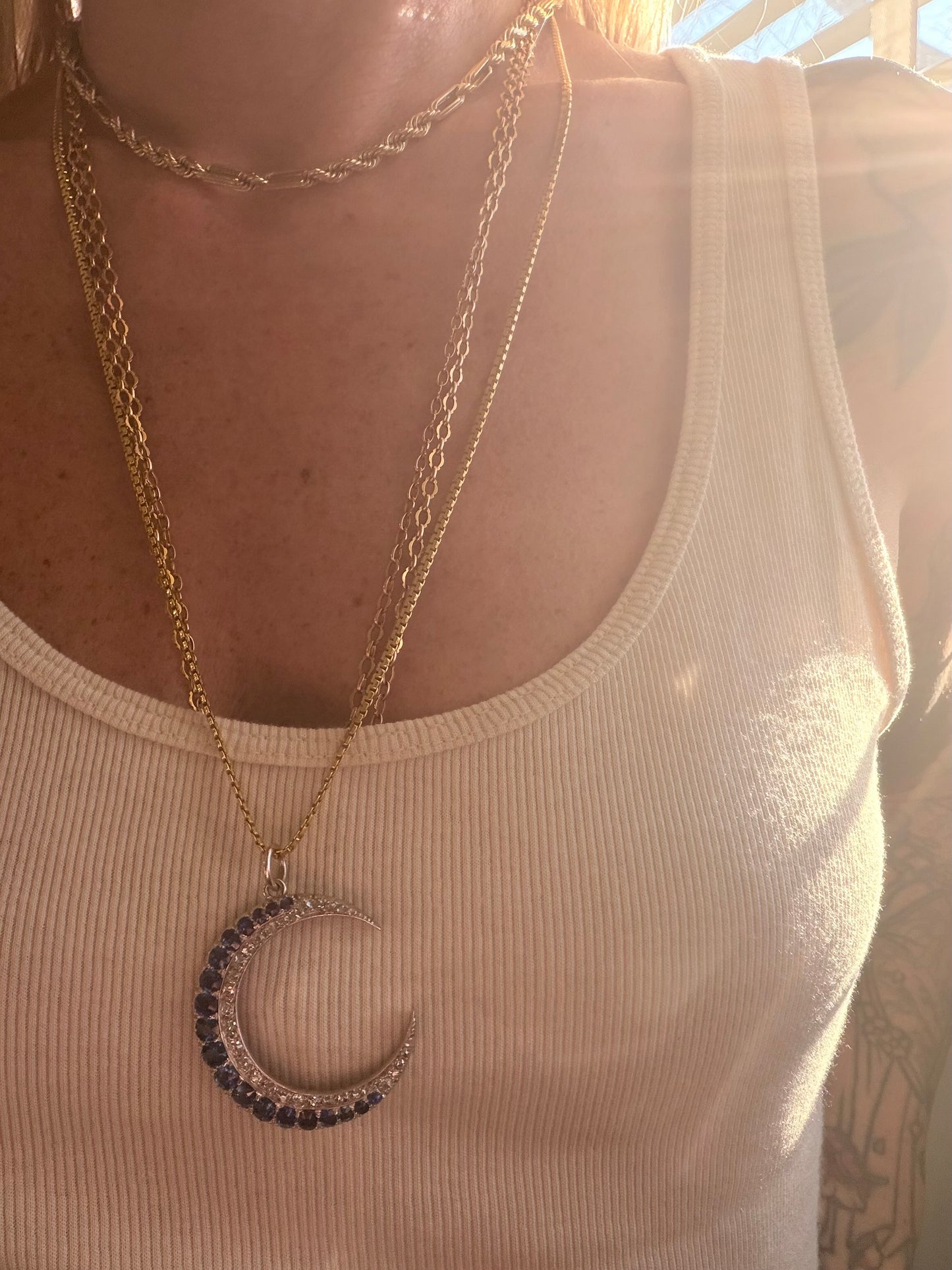 Edwardian Sapphire and Diamond Crescent Moon Pendant