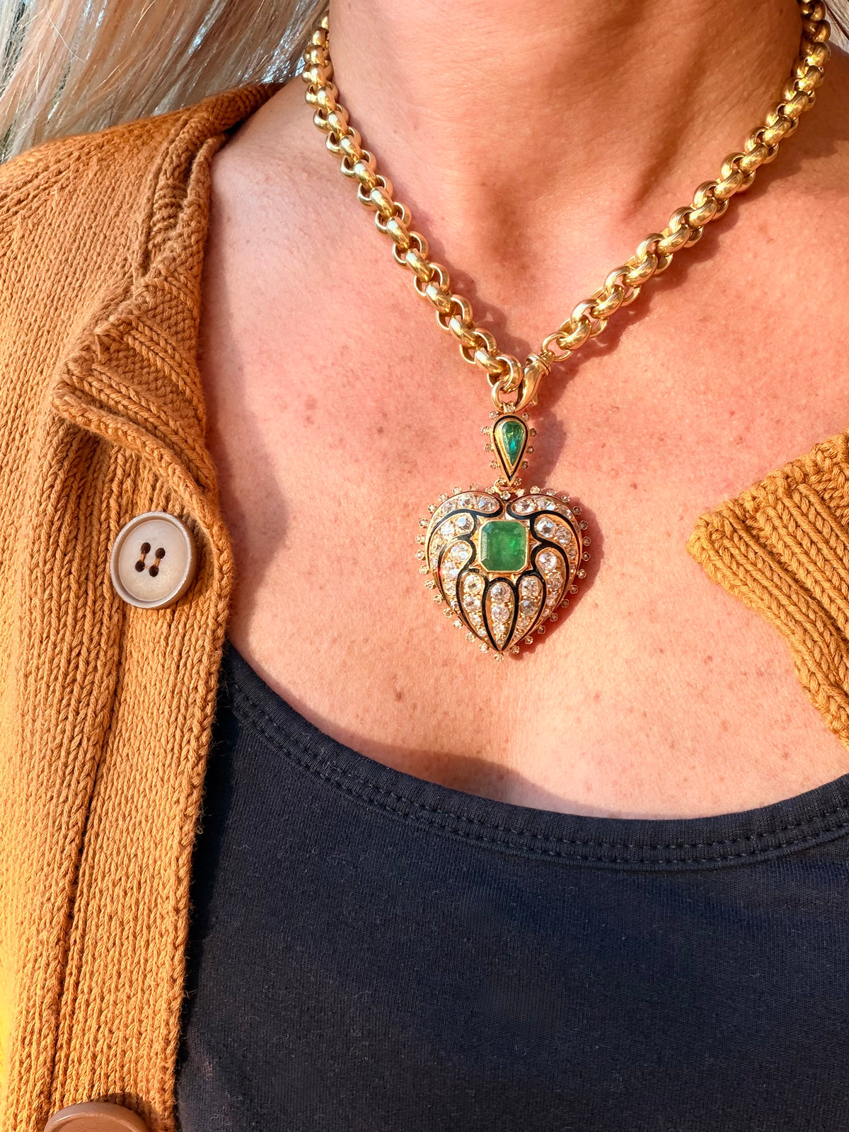 Antique Emerald, Diamond and Enamel Heart Pendant