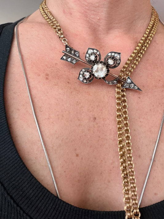 Victorian Rose Cut Diamond Clover and Arrow Brooch