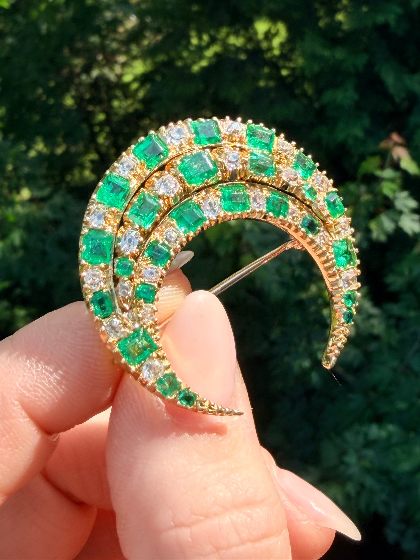 Victorian Colombian Emerald and Old Mine Cut Diamond Crescent Brooch