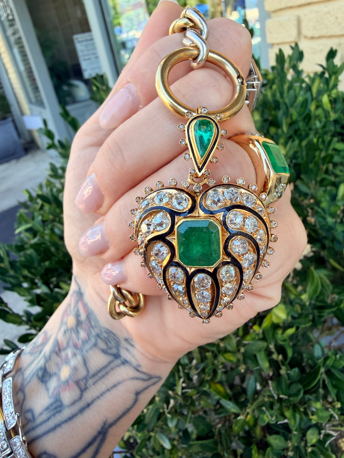 Antique Emerald, Diamond and Enamel Heart Pendant