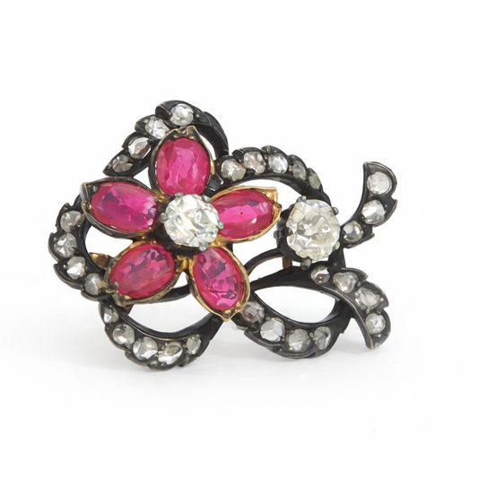 Victorian Burma Ruby and Diamond Floral Brooch