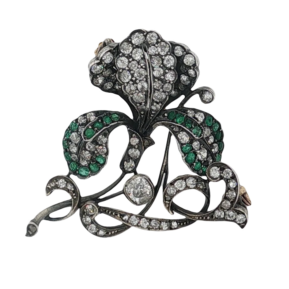 Victorian Emerald & Old Mine Cut Diamond Flower Spray Brooch