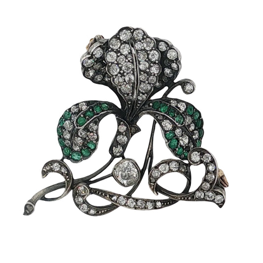 Victorian Emerald & Old Mine Cut Diamond Flower Spray Brooch