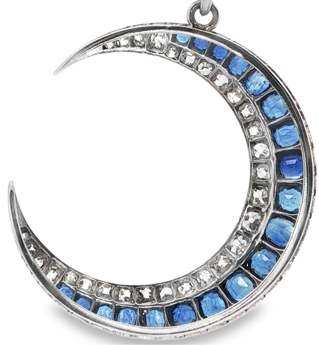 Edwardian Sapphire and Diamond Crescent Moon Pendant
