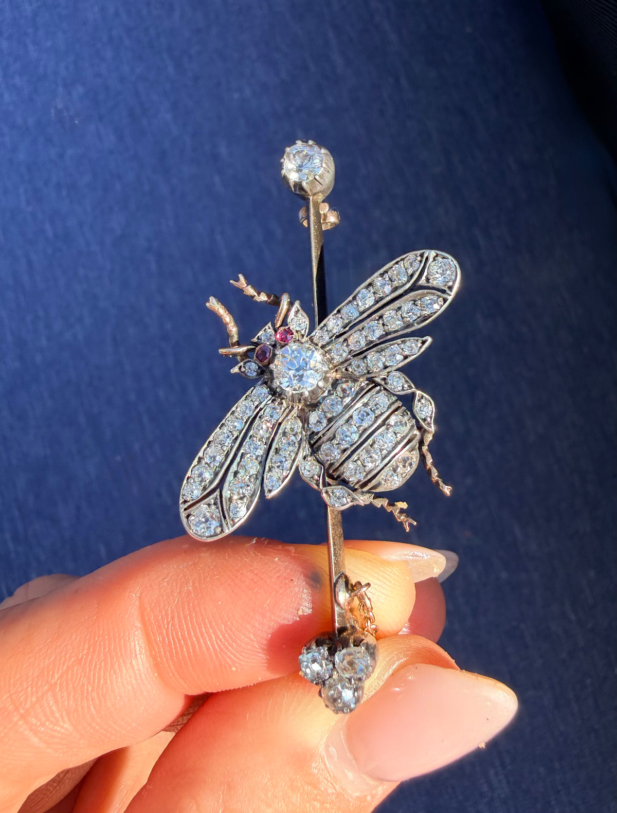 Victorian Ruby and Old Cut Diamond Fly Bar Brooch