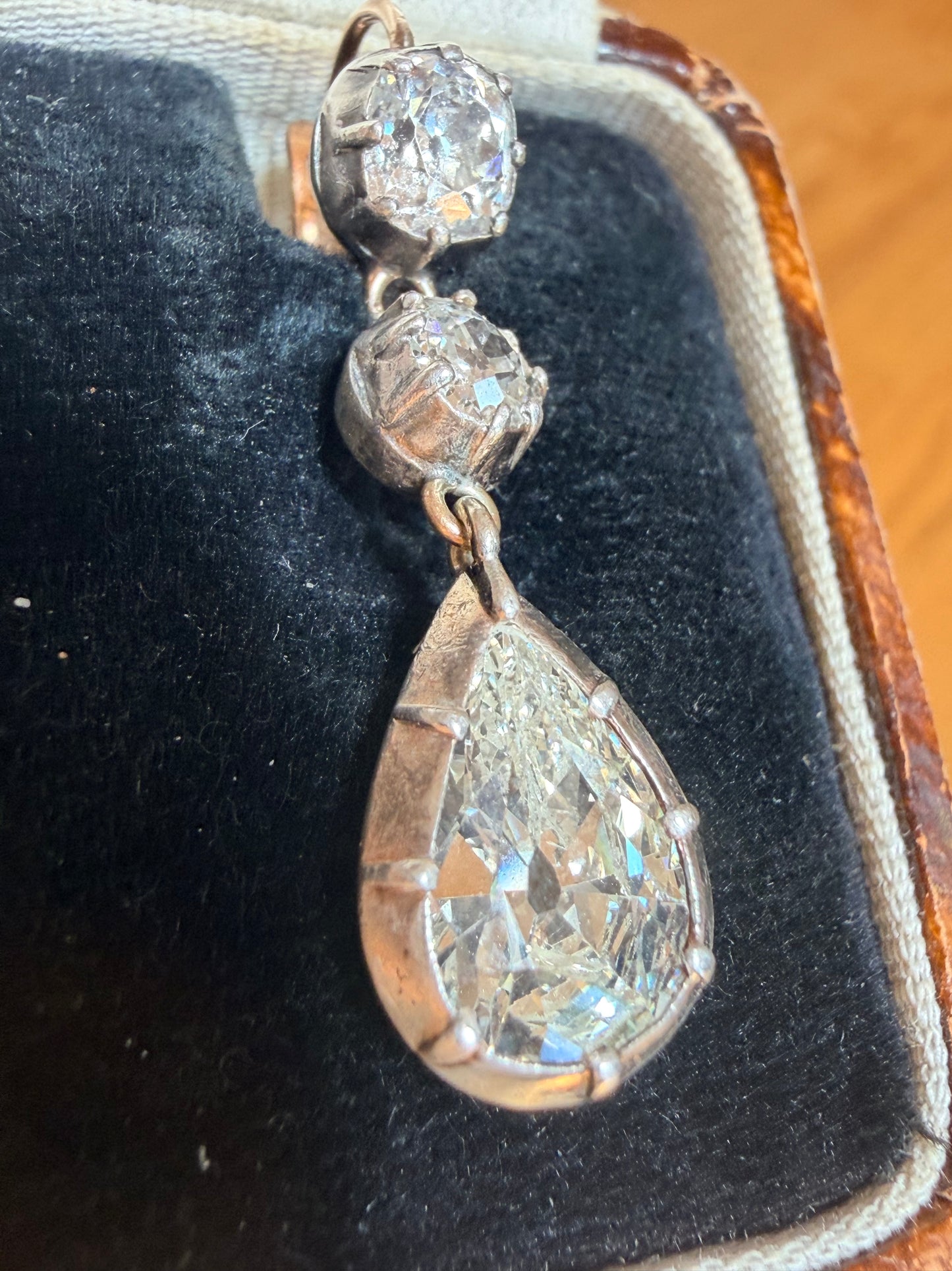 Antique Pear Cut and Old Mine Cut Diamond Drop Earrings