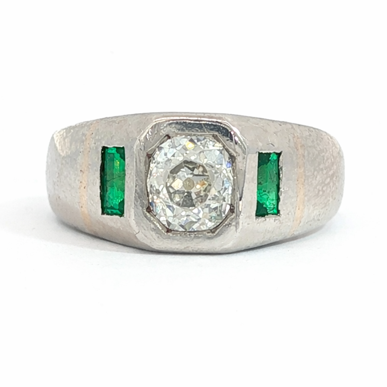 Art Deco Old Mine Cut Diamond and Emerald Ring