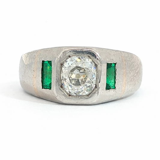 Art Deco Old Mine Cut Diamond and Emerald Ring