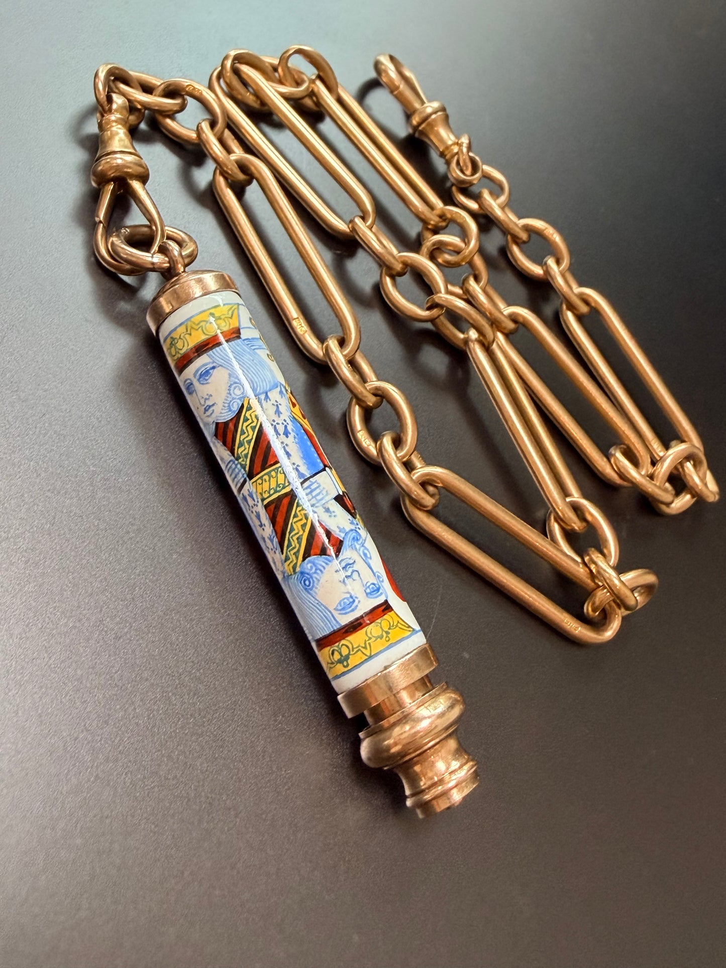 Mid-Century Gold & Enamel King of Hearts Pencil Pendant