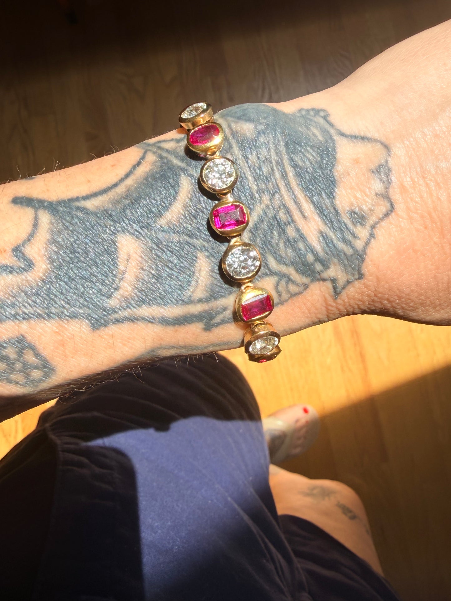 Antique Burmese No Heat Ruby and Old Cut Diamond Alternating Bracelet
