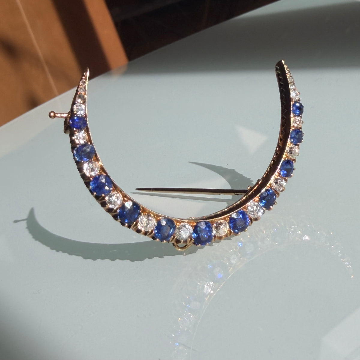 Antique Russian Sapphire and Diamond Crescent Brooch