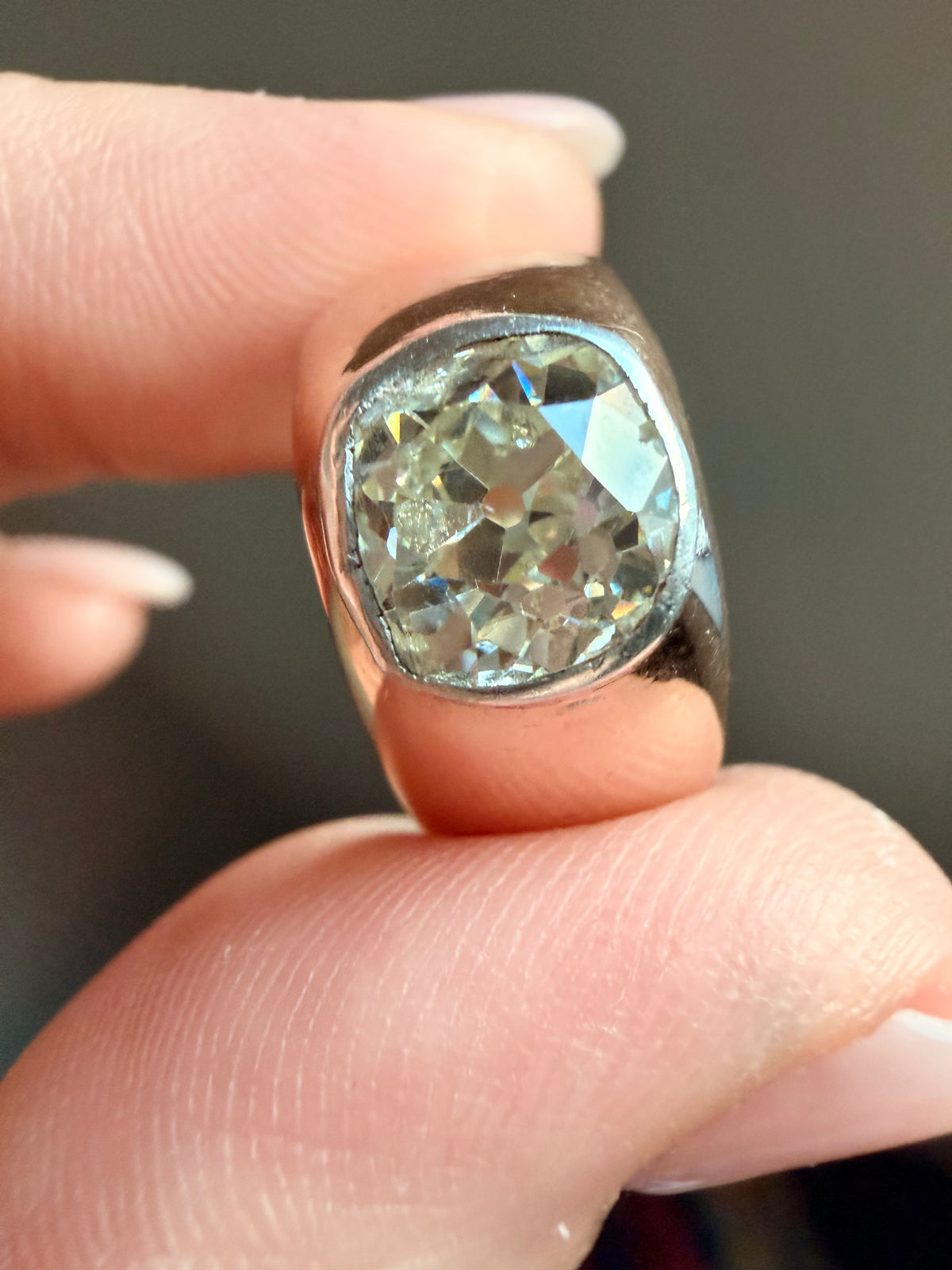 Antique Russian Old Mine Flush Set Diamond Ring