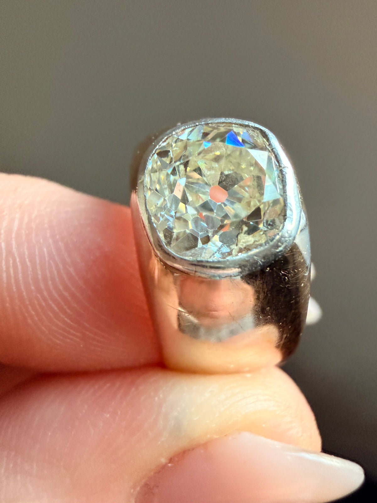 Antique Russian Old Mine Flush Set Diamond Ring