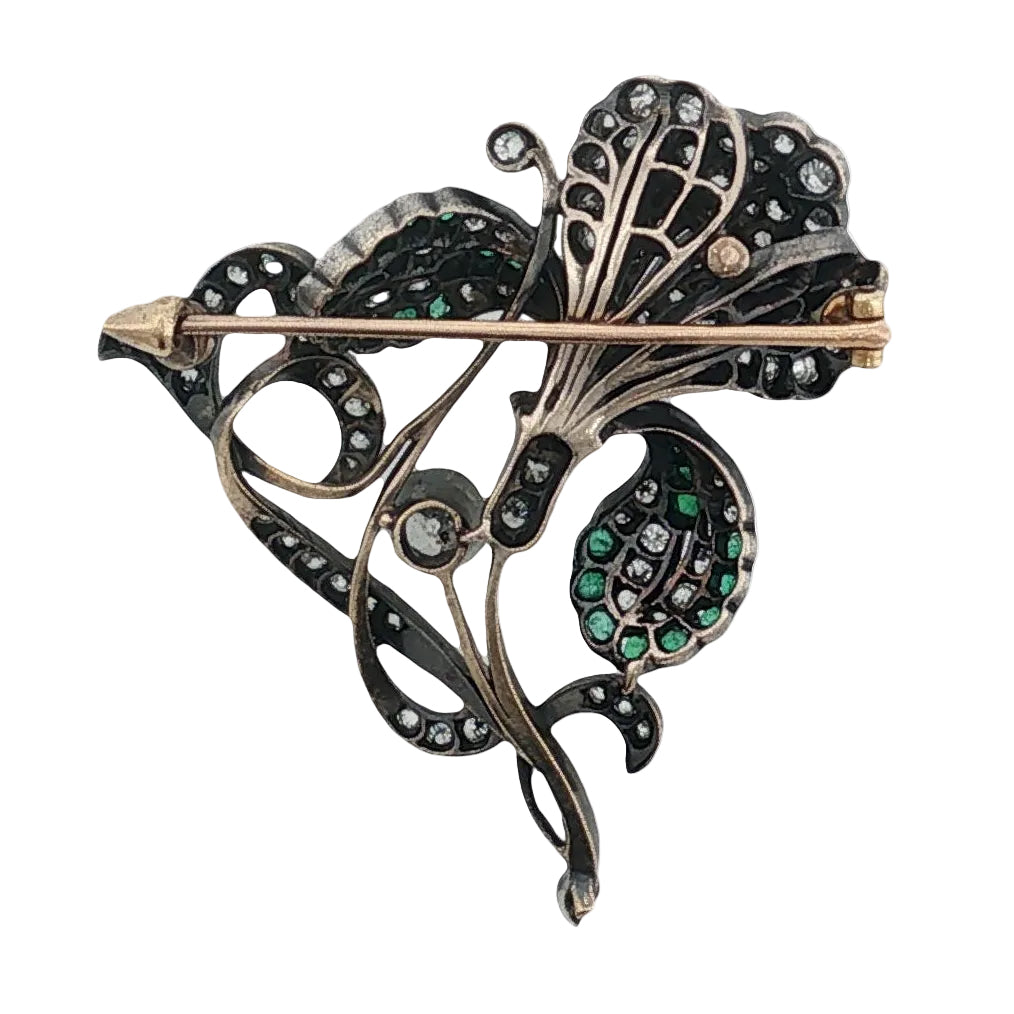 Victorian Emerald & Old Mine Cut Diamond Flower Spray Brooch