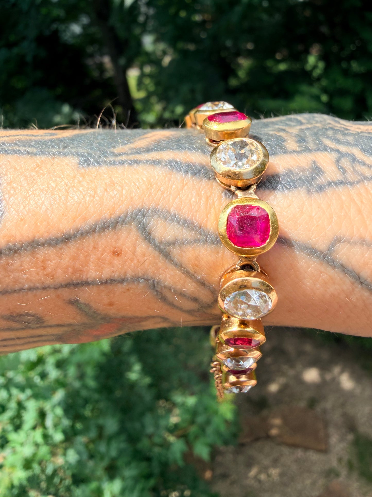 Antique Burmese No Heat Ruby and Old Cut Diamond Alternating Bracelet