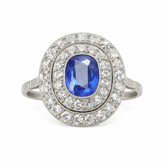 Art Deco 2.20 Carat Burmese Sapphire and Diamond Double Halo Ring