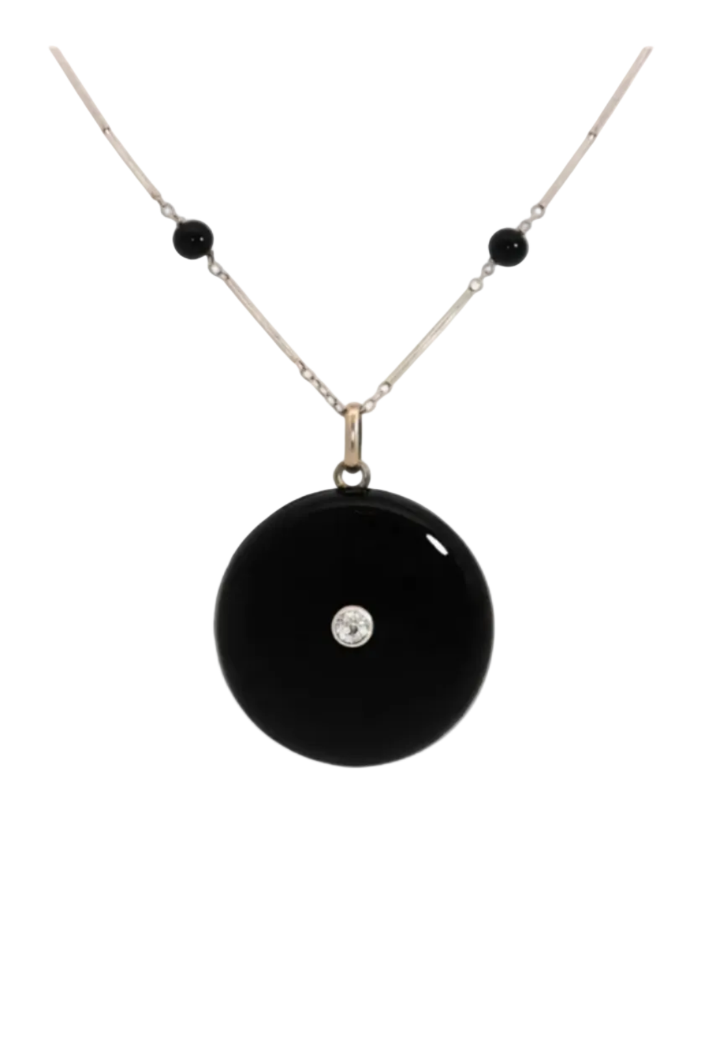 Art Deco Onyx, Old Cut Diamond Locket with Chain