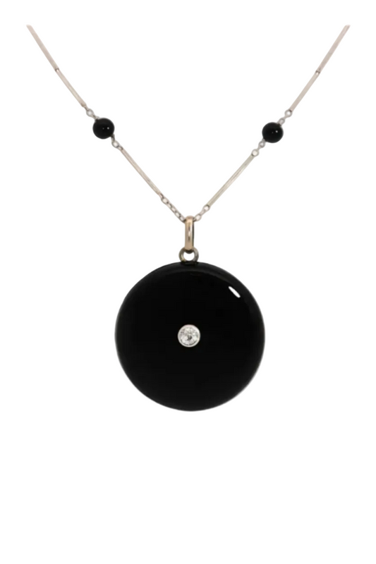 Art Deco Onyx and Diamond Locket and Chain