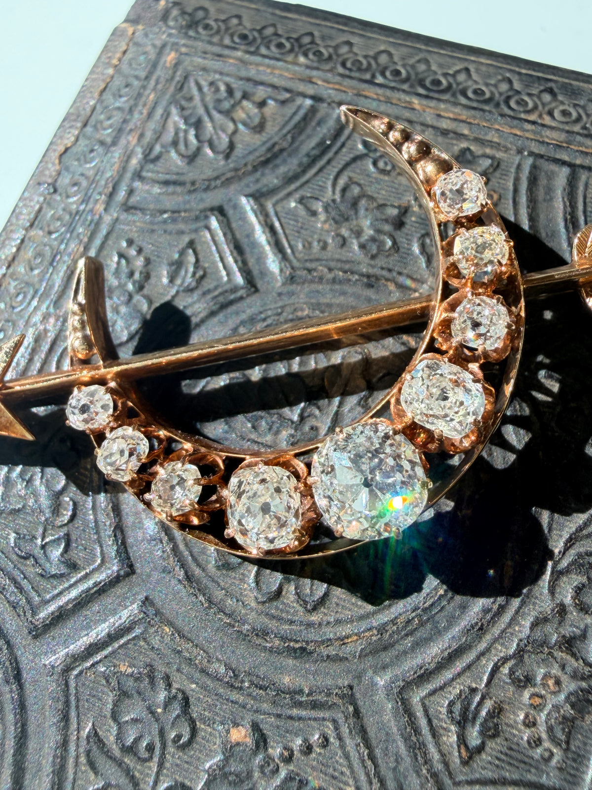 Antique Old Mine Cut Diamond Crescent & Arrow Brooch