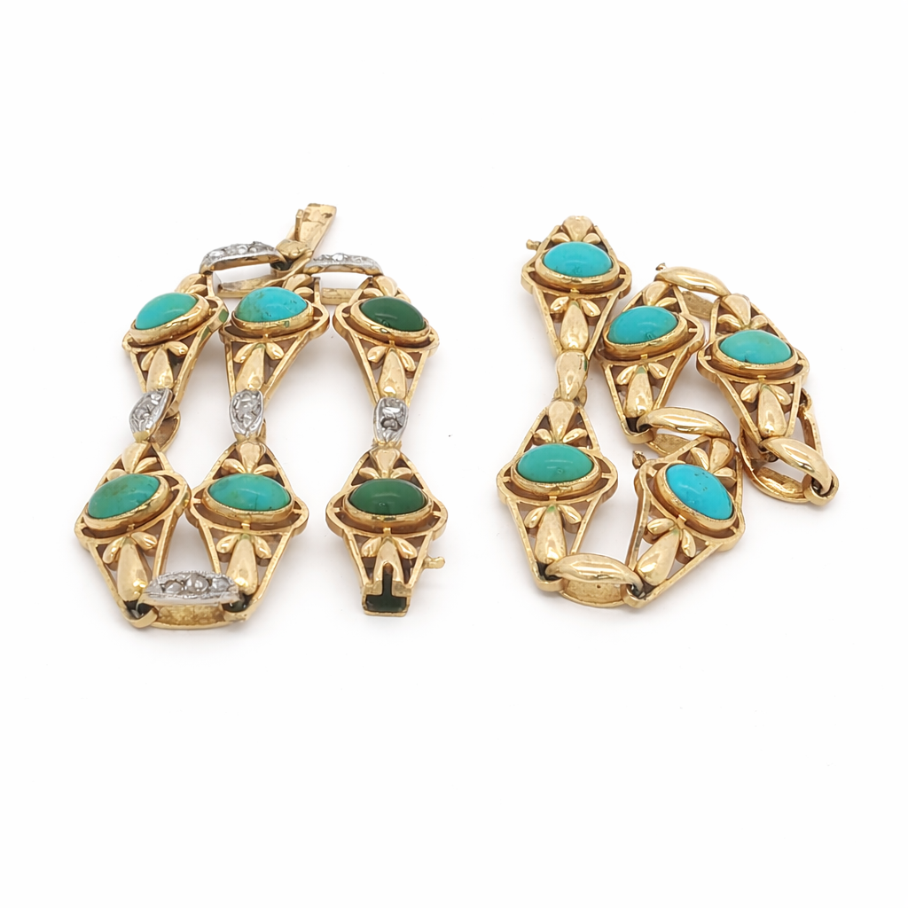 Antique French Art Nouveau Rose-Cut Diamond and Turquoise Necklace & Bracelet Set