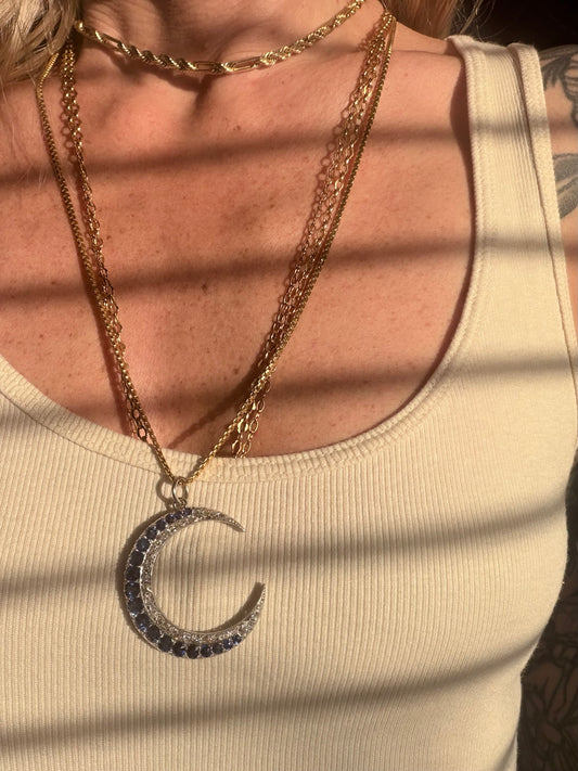 Edwardian Sapphire and Diamond Crescent Moon Pendant