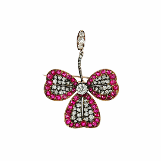 French Burmese Ruby and Diamond Clover Pendant and Brooch