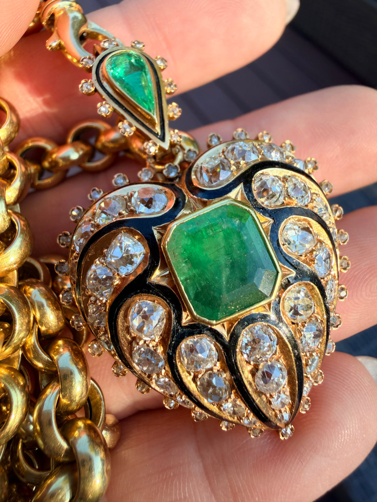 Antique Emerald, Diamond and Enamel Heart Pendant