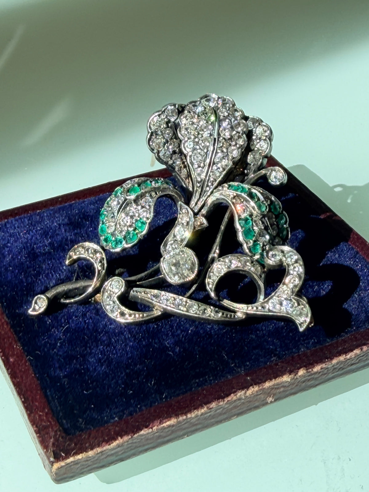 Victorian Emerald & Old Mine Cut Diamond Flower Spray Brooch