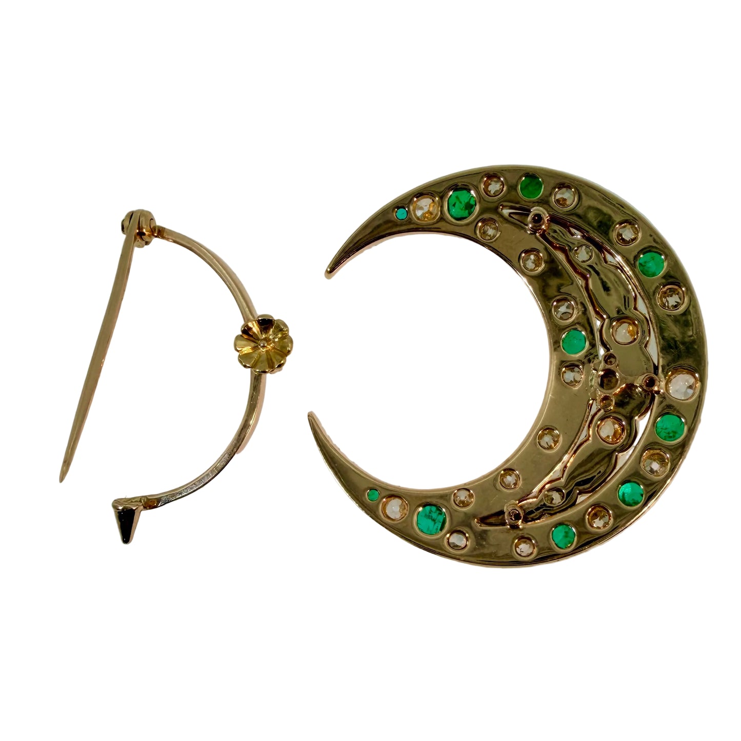 Victorian Colombian Emerald and Old Mine Cut Diamond Crescent Brooch