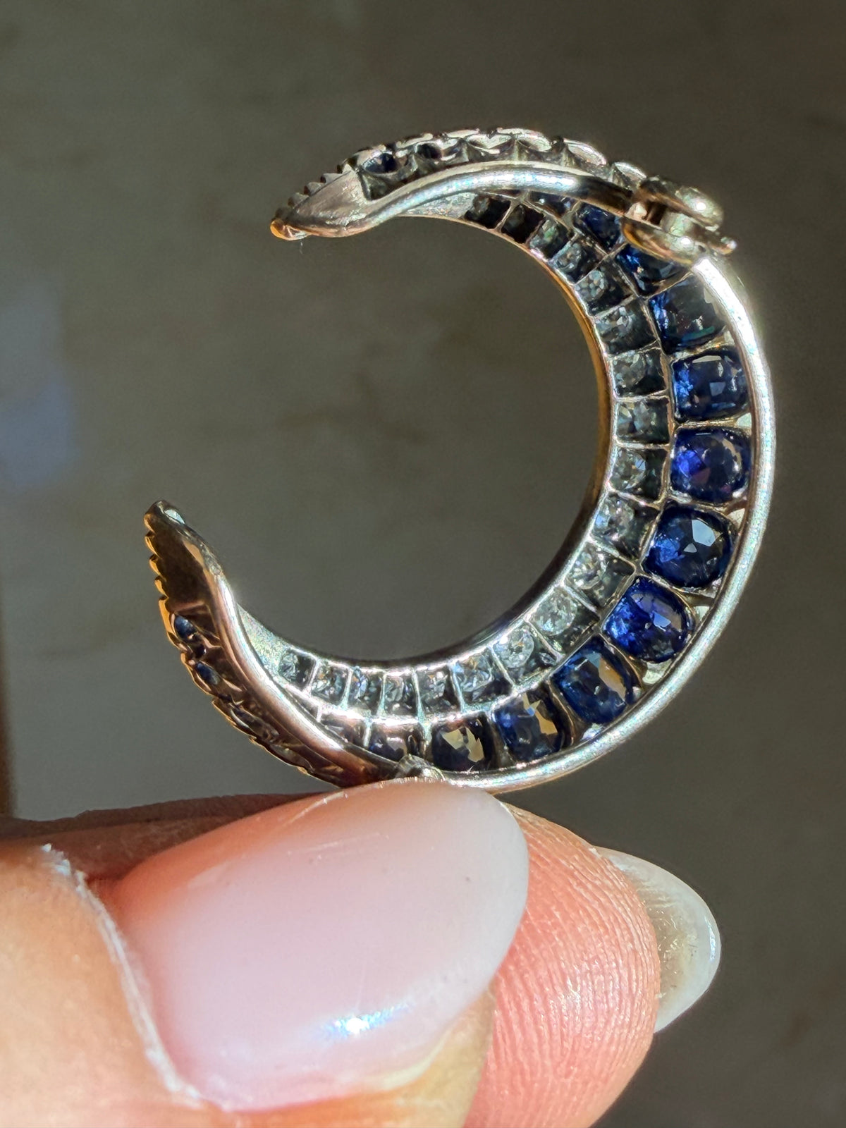 Antique Sapphire and Diamond Crescent Brooch