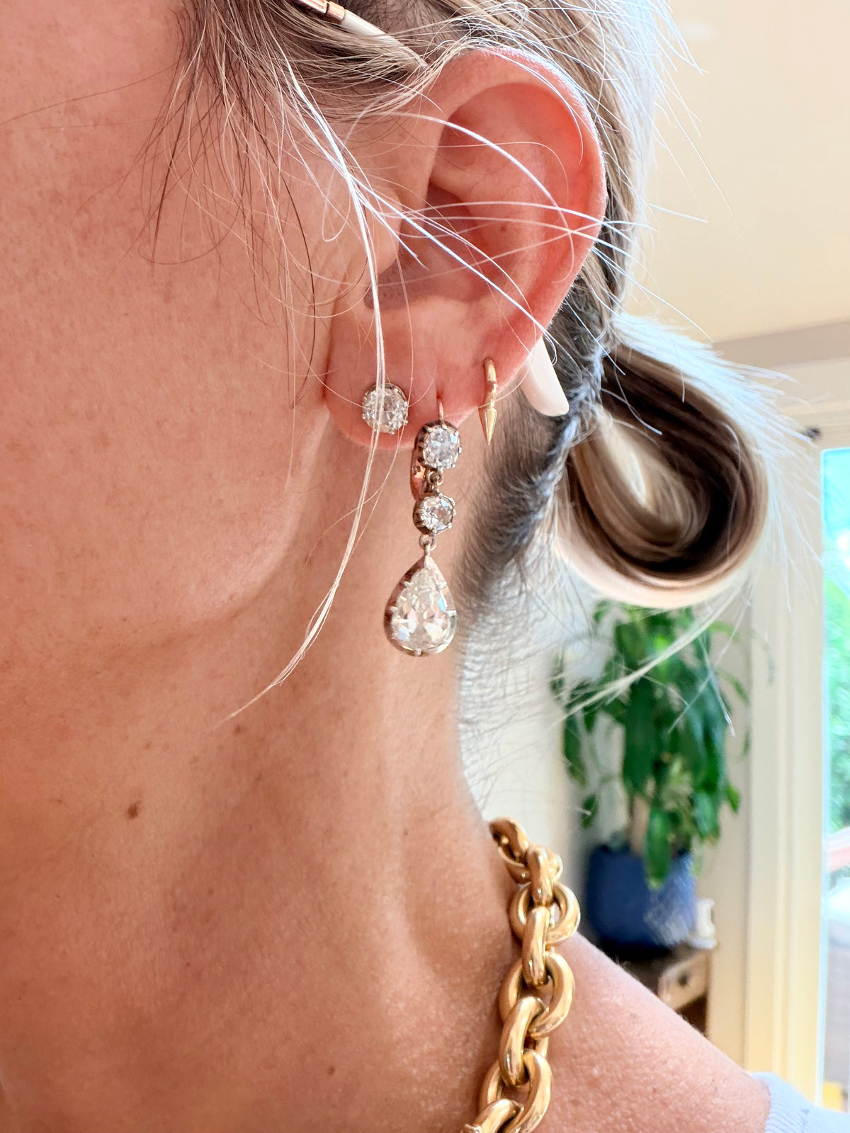 Antique Pear Cut and Old Mine Cut Diamond Drop Earrings