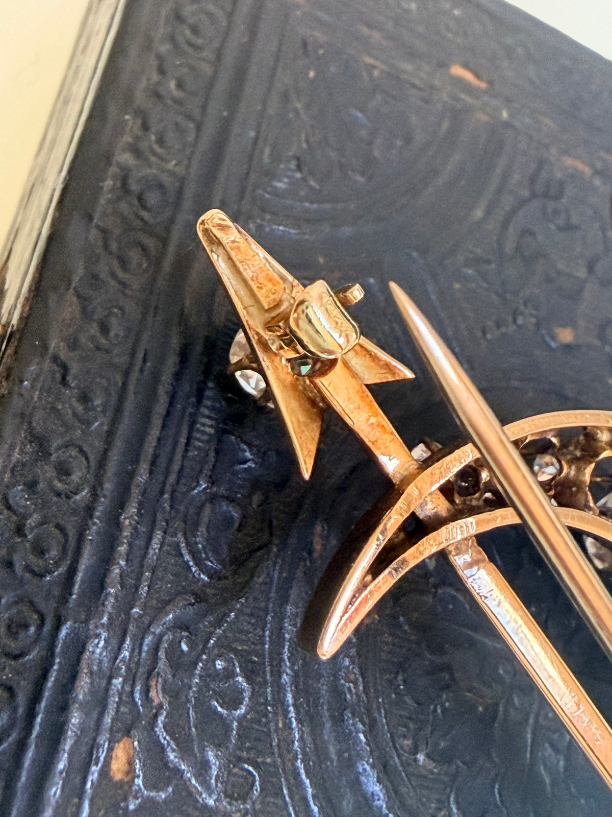 Antique Old Mine Cut Diamond Crescent & Arrow Brooch