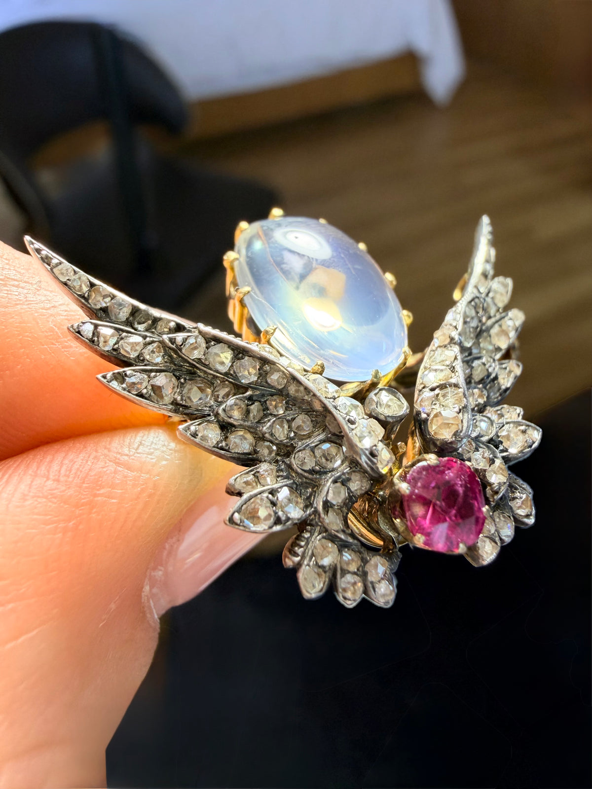 Antique Moonstone Diamond and Ruby Winged Brooch