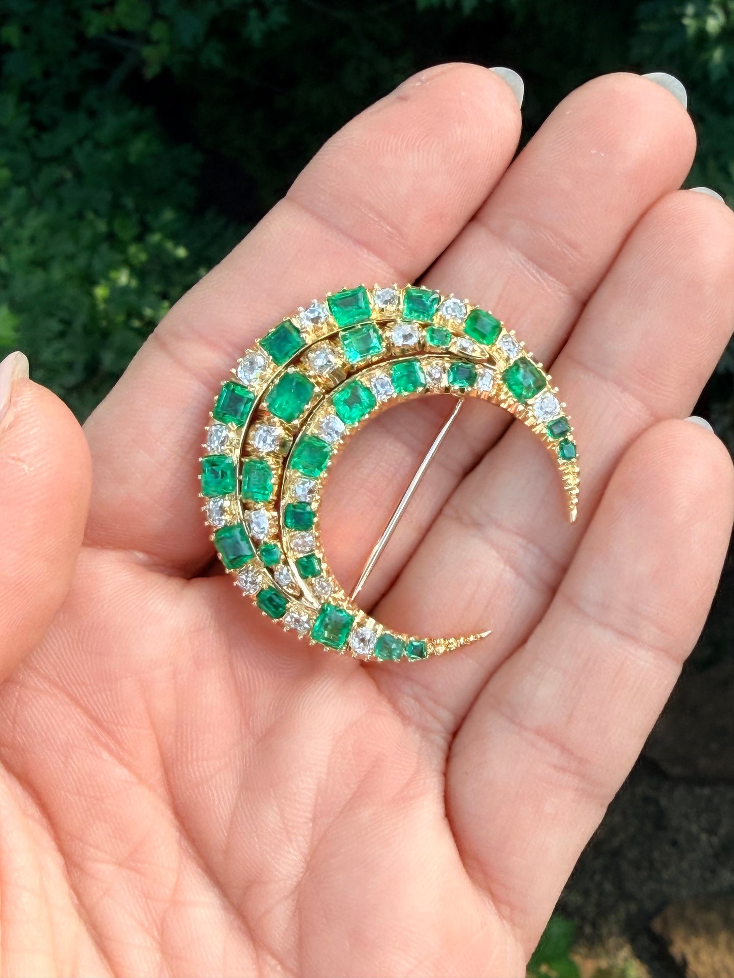 Victorian Colombian Emerald and Old Mine Cut Diamond Crescent Brooch