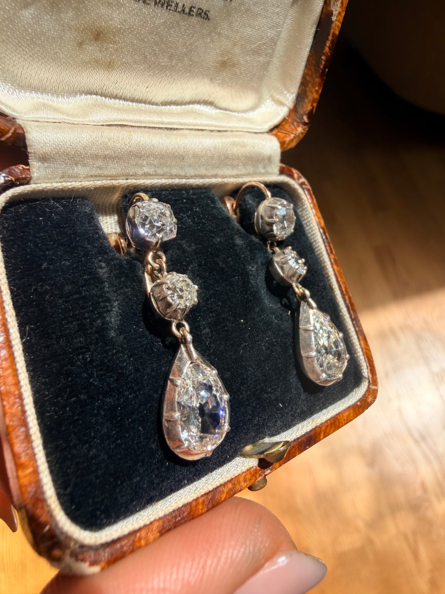 Antique Pear Cut and Old Mine Cut Diamond Drop Earrings