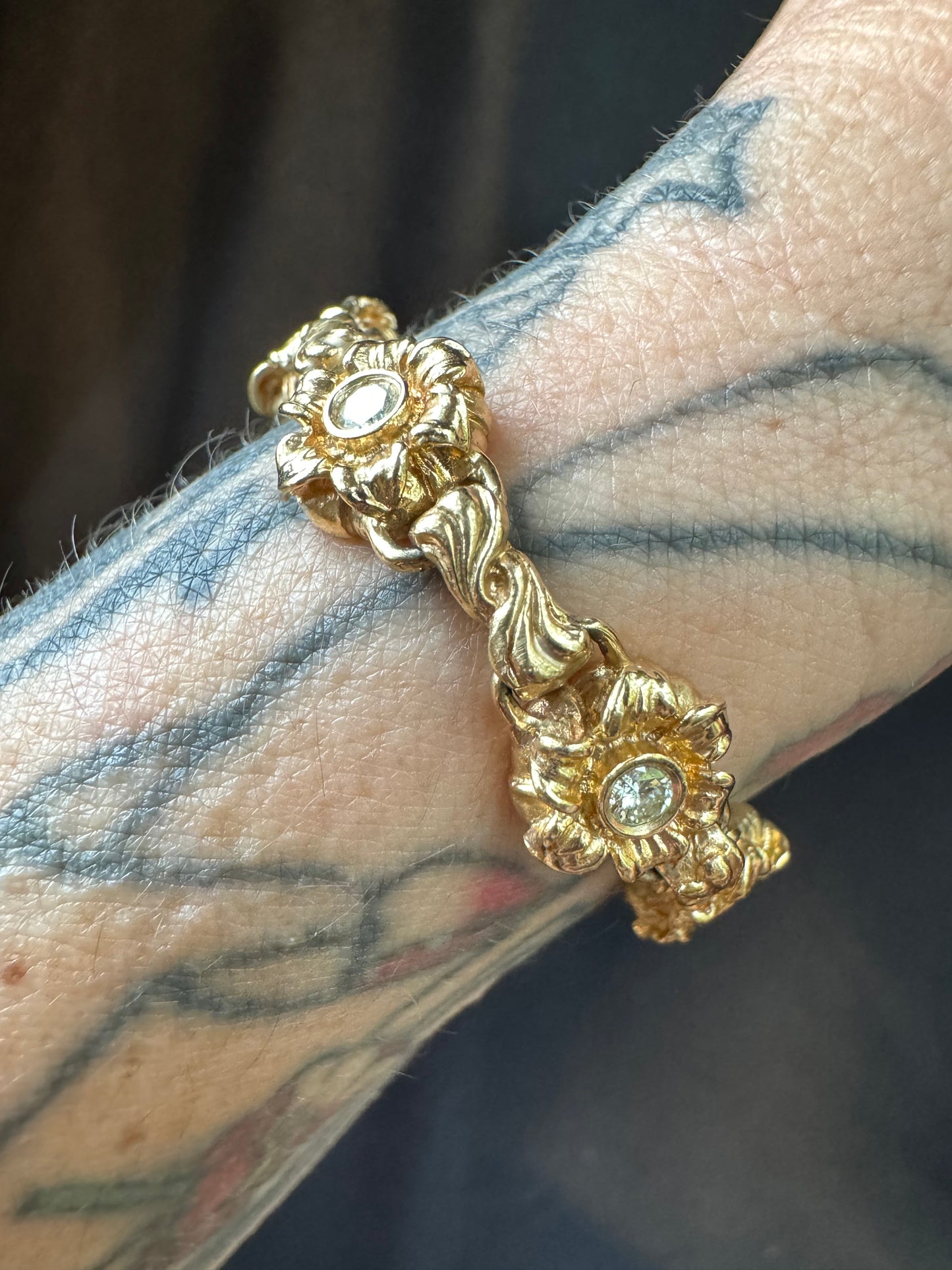 Vintage 14k Yellow Gold and Diamond Flower Bracelet