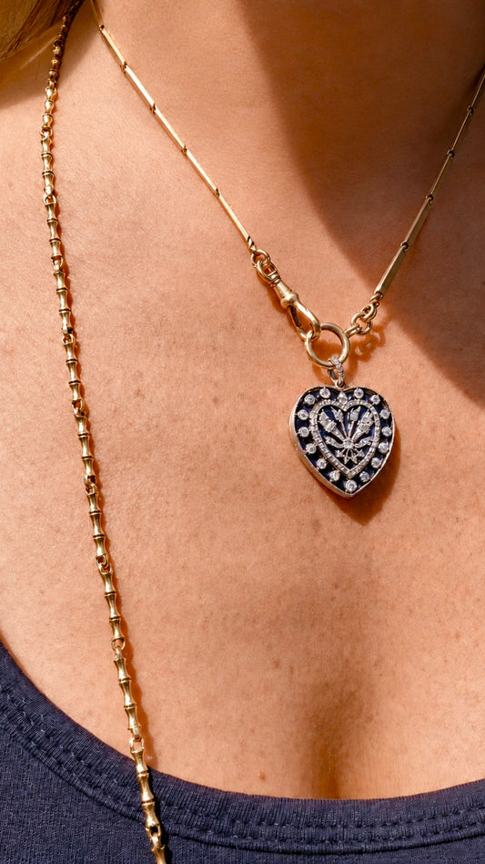 Art Deco Enamel and Diamond Heart Locket Pendant