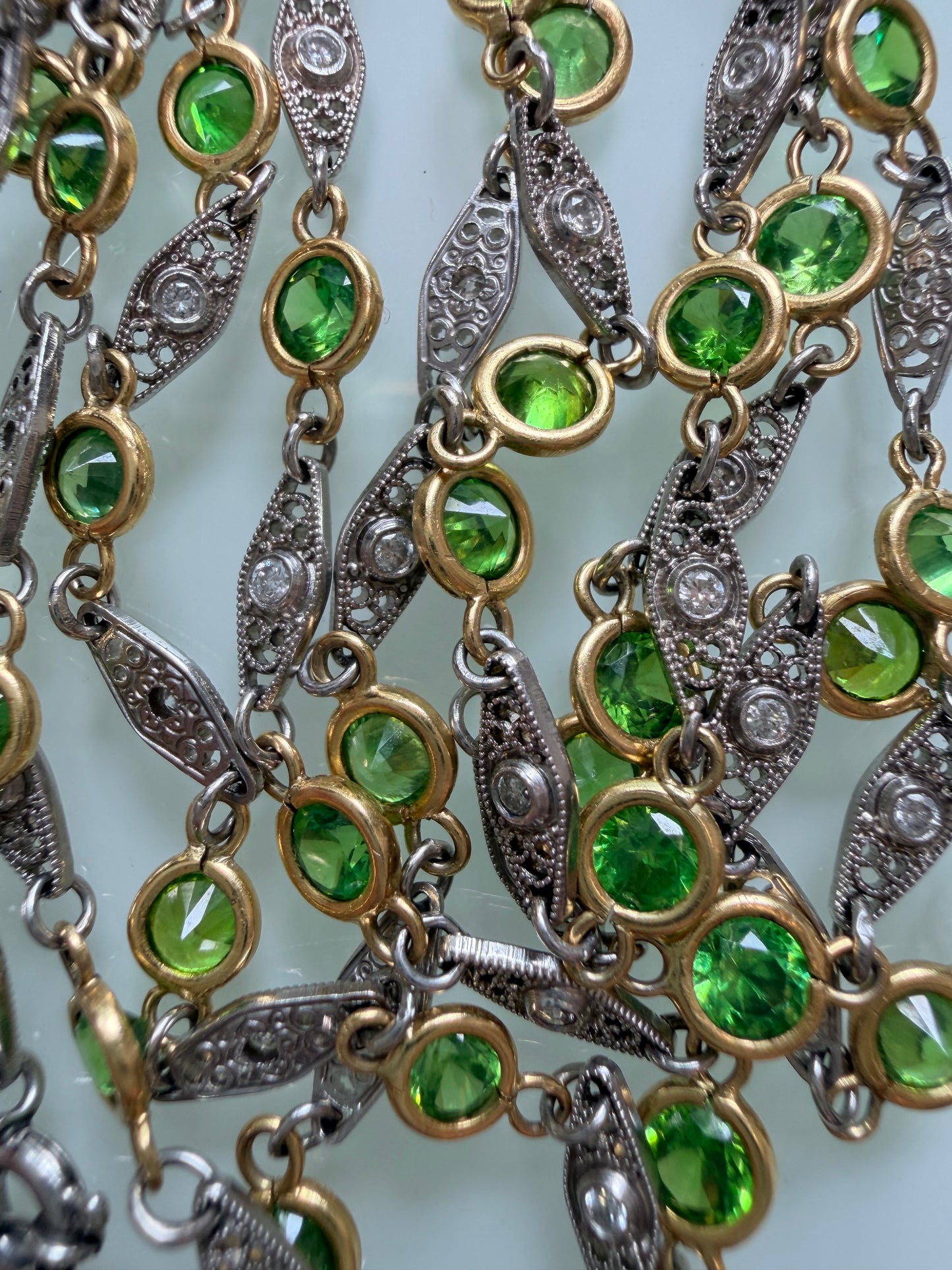 Vintage Demantoid Garnet and Diamond Station Link Necklace