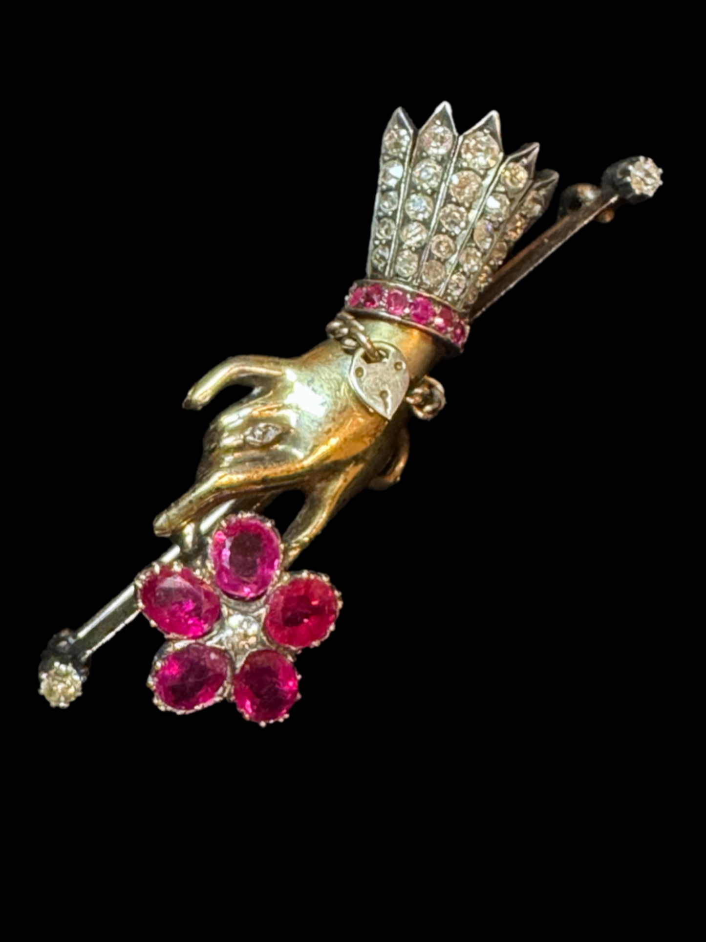Victorian Ruby and Diamond Mourning Hand Brooch