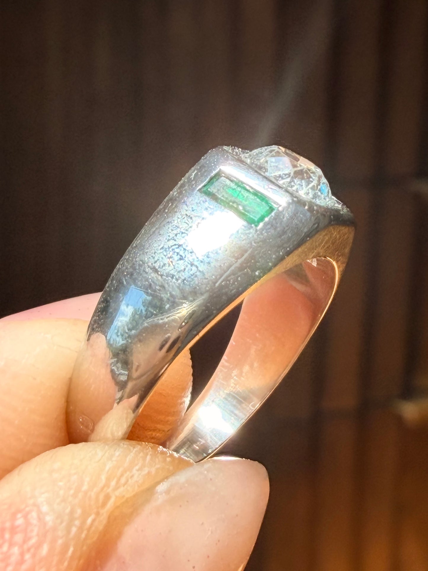 Art Deco Old Mine Cut Diamond and Emerald Ring