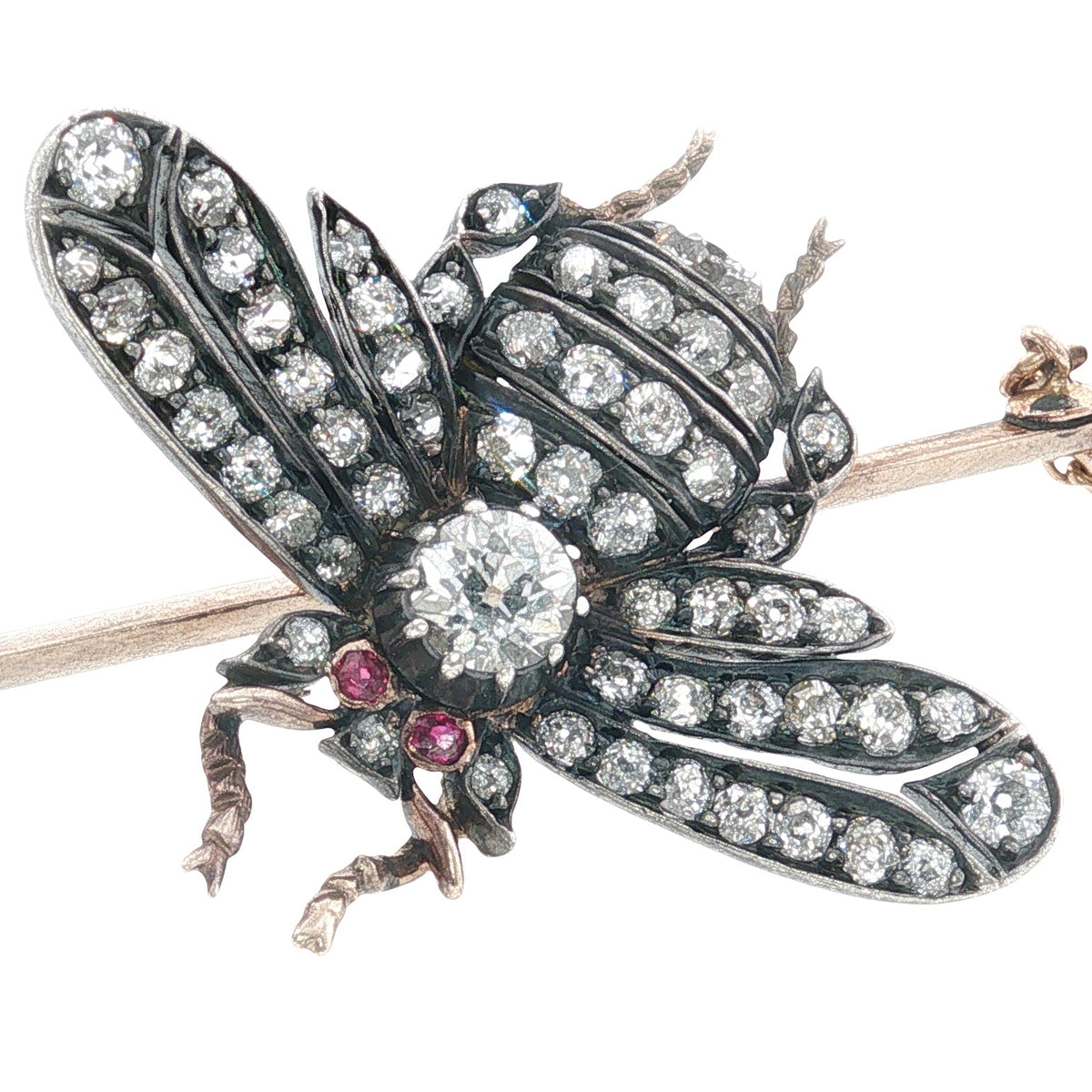 Victorian Ruby and Old Cut Diamond Fly Bar Brooch