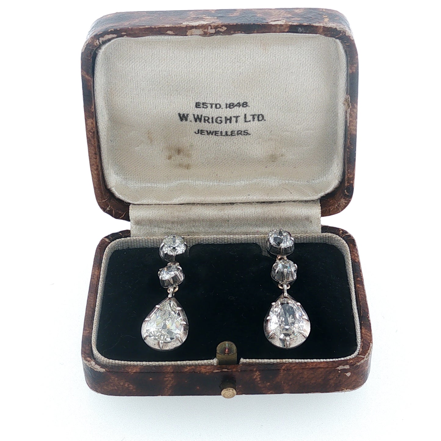 Antique Pear Cut and Old Mine Cut Diamond Drop Earrings